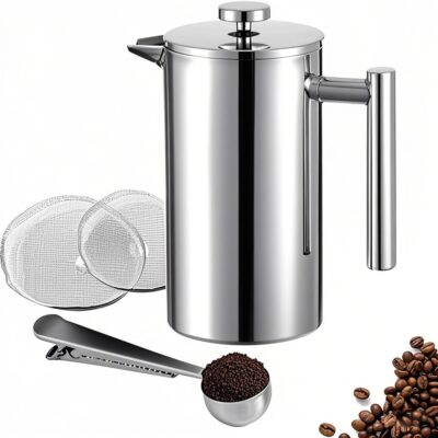 Meelio Small French Press 350ml Double Wall Insulated Coffee Press Stainless Steel Travel Camping Single Cup Pour Over Coffee Maker (1 Cup, 12oz)