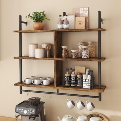 Bestier 3 Tier Floating Pipe Shelving Kitchen Shelves Wall Mounted for Kitchen Coffee Bar, Rustic Brown