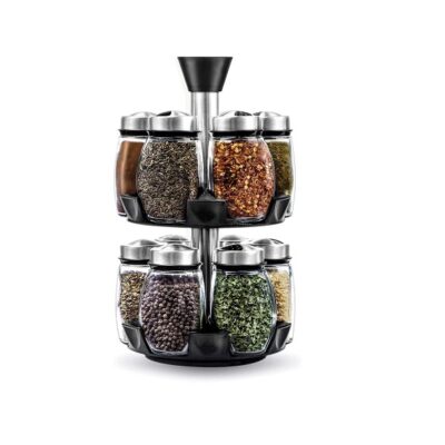 V&U UAE Official Store 12-Jar Revolving Spice Rack Organizer – Spinning Countertop Herb and Spice Rack Organizer with 12 Glass Jar Bottles (Spices Not Included)