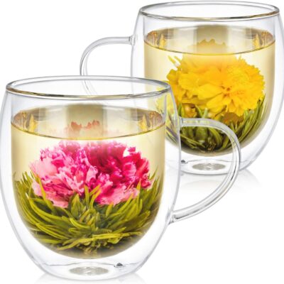 Teabloom Oversized Insulated Borosilicate Glass Tea Cups (17 oz / 500 ml) – Set Includes 2 Mugs + 2 Blooming Teas – Premium Quality Microwave Safe Glasses