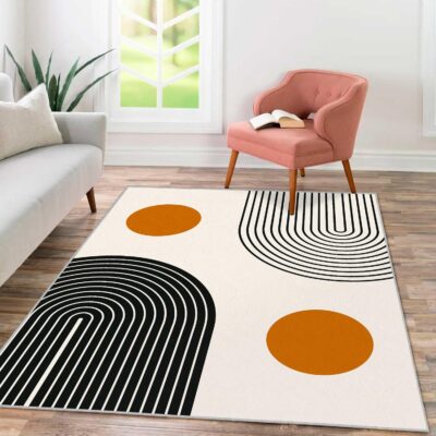 Mid Century Modern 4×6 Rug Washable Boho Rainbow Area Rugs Non Slip Contemporary Thin Low Pile Classroom Rugs for Living Room Bedroom Minimalist Abstract Sun Floor Carpet for Nursery Dining Room