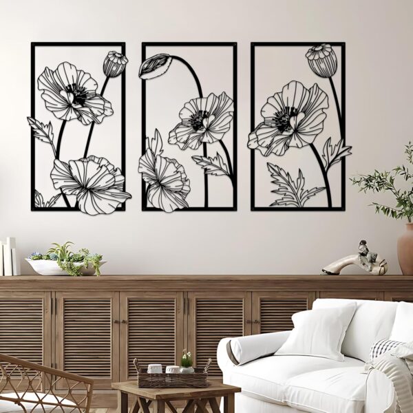 Resama 3 Pcs Black Metal Flowers Wall Decor, Minimalist Abstract Wall Art Modern Floral Line Wall Sculpture Hanging for Bedroom Bathroom Kitchen