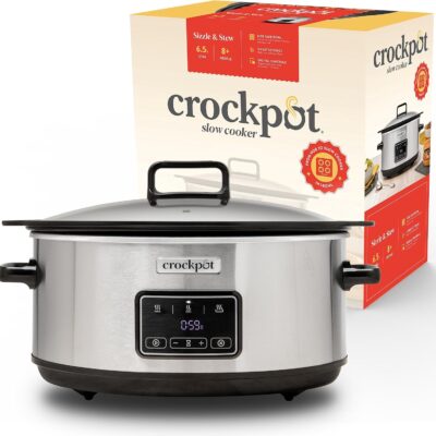 Crock-Pot Sizzle & Stew Digital Slow Cooker | 6.5 L (8+ People) | Removable Induction Hob-Safe Bowl Sears Meat & Vegetables | UK 3 Pin Plug | Stainless Steel [CSC112]