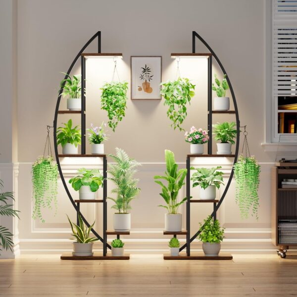 BACEKOLL Plant Stand Indoor with Grow Lights, 6 Tiered Tall Plant Shelf, Metal Plant Stand for Indoor Plants Multiple, Half-Moon Plant Rack Display Shelf, 2 Pcs Plant Holder for Living Room, Patio - Image 2