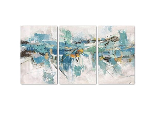 Yihui Arts 3 Piece Abstract Canvas Wall Art with Textured Light Blue Teal Color Painting Pictures Set with Gold Foil Artwork for Living Room Bedroom Bathroom Decor - Image 2