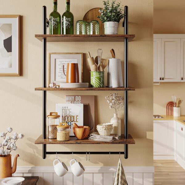 Bestier 3 Tier Floating Pipe Shelving Kitchen Shelves Wall Mounted for Kitchen Coffee Bar, Rustic Brown - Image 3