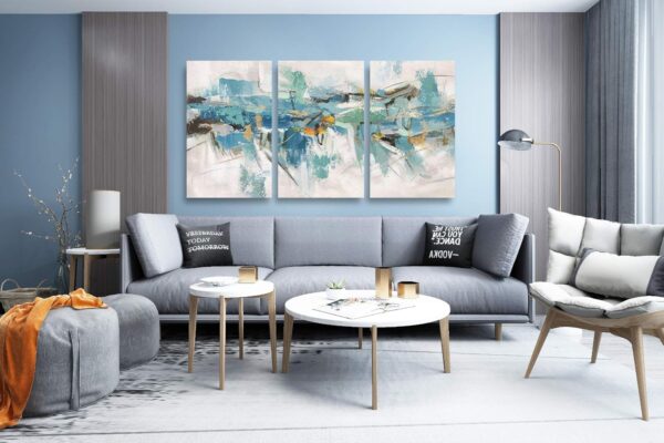 Yihui Arts 3 Piece Abstract Canvas Wall Art with Textured Light Blue Teal Color Painting Pictures Set with Gold Foil Artwork for Living Room Bedroom Bathroom Decor - Image 3