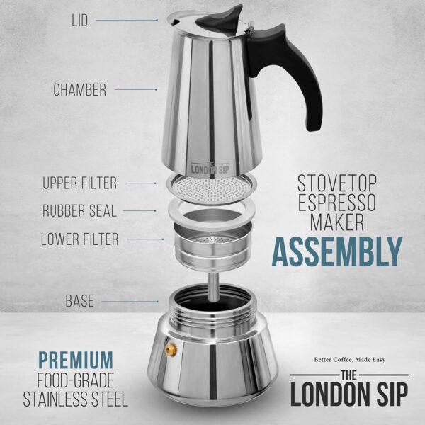 The London Sip Stainless Steel Stove-Top Espresso Maker Coffee Pot Italian Moka Percolator, Matte Black, 3 Cup - Image 4