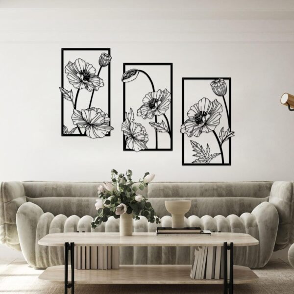 Resama 3 Pcs Black Metal Flowers Wall Decor, Minimalist Abstract Wall Art Modern Floral Line Wall Sculpture Hanging for Bedroom Bathroom Kitchen - Image 4