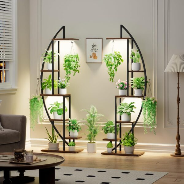 BACEKOLL Plant Stand Indoor with Grow Lights, 6 Tiered Tall Plant Shelf, Metal Plant Stand for Indoor Plants Multiple, Half-Moon Plant Rack Display Shelf, 2 Pcs Plant Holder for Living Room, Patio - Image 5