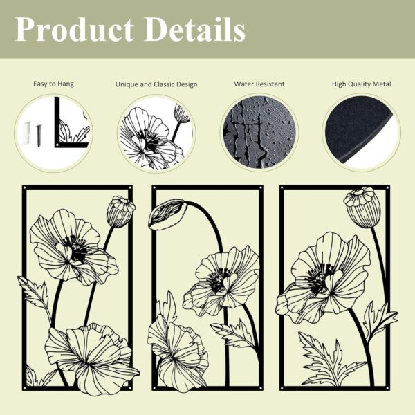 Resama 3 Pcs Black Metal Flowers Wall Decor, Minimalist Abstract Wall Art Modern Floral Line Wall Sculpture Hanging for Bedroom Bathroom Kitchen - Image 5
