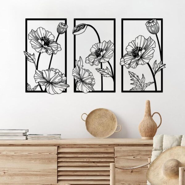 Resama 3 Pcs Black Metal Flowers Wall Decor, Minimalist Abstract Wall Art Modern Floral Line Wall Sculpture Hanging for Bedroom Bathroom Kitchen - Image 6