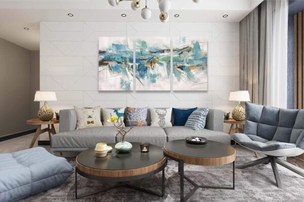 Yihui Arts 3 Piece Abstract Canvas Wall Art with Textured Light Blue Teal Color Painting Pictures Set with Gold Foil Artwork for Living Room Bedroom Bathroom Decor - Image 7
