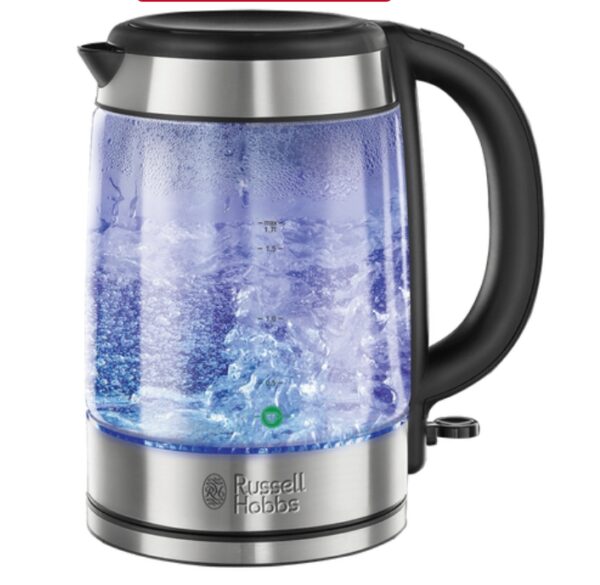 Russell Hobbs Illuminating 1.7L Electric Cordless Glass Kettle with black/brushed stainless steel accents (Fast Boil 3KW, Washable anti-scale filter, Button to open lid, Perfect pour spout) 21600-10