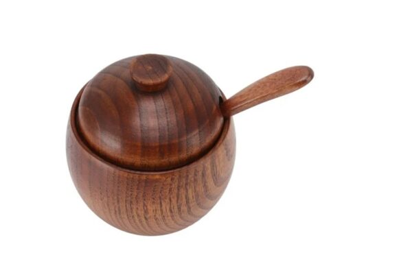 Wooden Spice Jar, Food Grade Natural Texture Wood Sugar Bowl With Spoon Lid For Sauces Vinegar Peppers