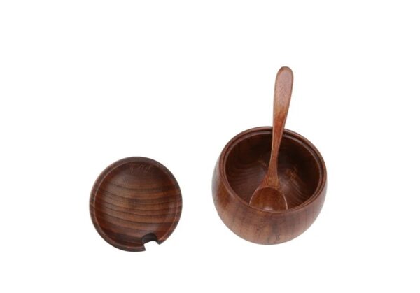 Wooden Spice Jar, Food Grade Natural Texture Wood Sugar Bowl With Spoon Lid For Sauces Vinegar Peppers - Image 3