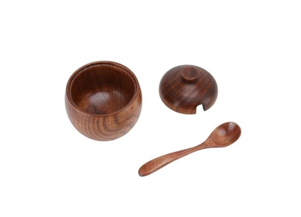 Wooden Spice Jar, Food Grade Natural Texture Wood Sugar Bowl With Spoon Lid For Sauces Vinegar Peppers - Image 2