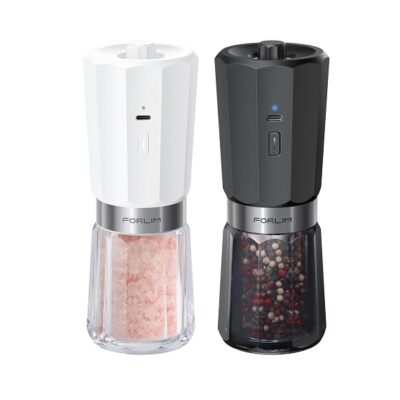 FORLIM Gravity Electric Salt and Pepper Grinder Set with 2-Speed Grinding, 800mAh Rechargeable, Upgraded Auto-Reverse Clean After Stop, Automatic Pepper Mill Grinder with White LED, Black & White