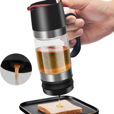 9OZ Honey Dispenser With Handle – No Drip Glass Syrup Container for Coffee Bar, Honey Pot and Jar – Black