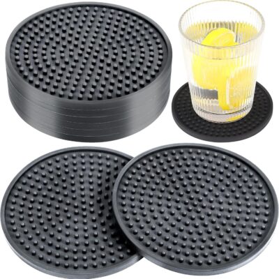 Opopark 12 Pcs Silicone Coasters, 0.2inch Black Mugs Coaster, Round Non-slip Coasters, Raised Design Drink Coasters, Cup Coasters for Bar Kitchen Home Apartment
