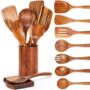 Netoches 9 PCS Wooden Spoons for Cooking, Large Flat Spatula Turner Stirring Pasta Spoons, Salad Fork, Serving Spoon, Skimmer, Wooden Cooking Utensils Holder, Nonstick Teak Wooden Kitchen Utensils Set