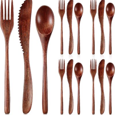 Geiserailie 12 Pcs Wooden Utensils for Eating Wooden Spoon Fork Knife Cutlery Set Kitchen Wood Dinner Flatware Tableware Set Includes Spoon, Fork, Knife (Phoebe Wood)
