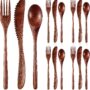 Geiserailie 12 Pcs Wooden Utensils for Eating Wooden Spoon Fork Knife Cutlery Set Kitchen Wood Dinner Flatware Tableware Set Includes Spoon, Fork, Knife (Phoebe Wood)