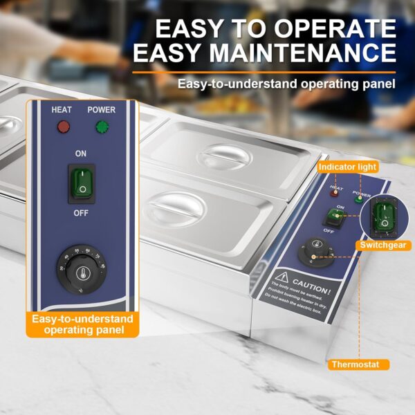 TAIMIKO Bain Marie Electric Food Warmer 1500W Commercial Stainless Steel Buffet Wet Well Sauce Drain Tap Gastronorm Container Catering Restaurant 30-85°CTemperature Control(3x1/3 GN Pan+2x1/4 GN Pans) - Image 3