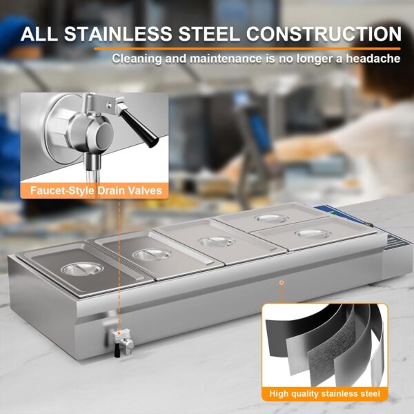 TAIMIKO Bain Marie Electric Food Warmer 1500W Commercial Stainless Steel Buffet Wet Well Sauce Drain Tap Gastronorm Container Catering Restaurant 30-85°CTemperature Control(3x1/3 GN Pan+2x1/4 GN Pans) - Image 4