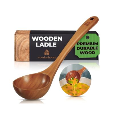 Wooden Ladle for Cooking, Soup Spoon Ladle – Teak Wooden Serving Spoon, 12.4″ Handle, Medium Scoop Size 2 oz – Eco Friendly, Natural and Sustainable