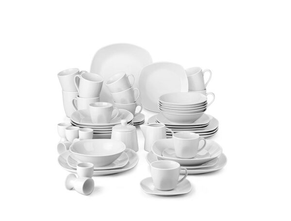 50 Piece Porcelain Dinner Sets with 6 Piece Dinner Plates/Soup Bowls/Cereal Bowls/Cups and Saucers/Mugs/Egg Cups/Flat Dishes, Ivory White