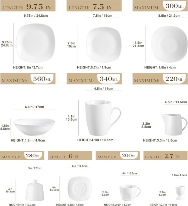 50 Piece Porcelain Dinner Sets with 6 Piece Dinner Plates/Soup Bowls/Cereal Bowls/Cups and Saucers/Mugs/Egg Cups/Flat Dishes, Ivory White - Image 2