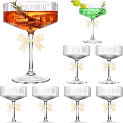 Ribbed Coupe Glasses Set of 8, 10 oz Espresso Martini Glasses, Vintage Cocktail Glassware for Martini, Wine, Champagne