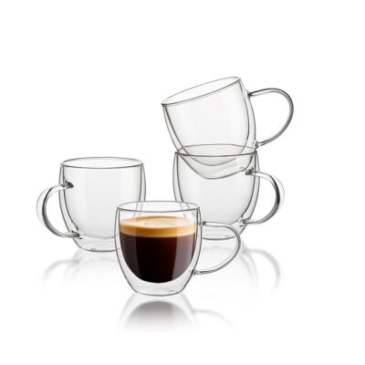 Sweese Set of 4 Double Wall Glass Espresso Cups, Turquoise, Steel Blue, Navy, White High-Grade Durable Professional Design, 4.0 Count