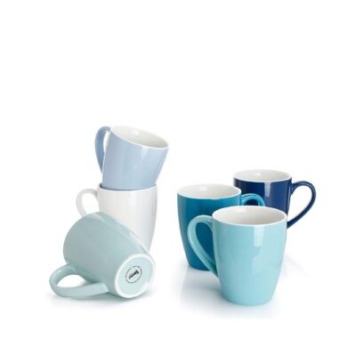 Sweese Porcelain Coffee Mugs – 16 Ounce – Set of 6, Cups for Latte, Hot Tea, Cappuccino, Mocha, Cocoa, Multicolor, Blue Assorted Colors