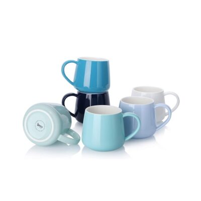 Sweese Porcelain Coffee Mugs Set of 6, 12 Ounce Coffee Cups with Handle for Coffee, Tea, Cocoa, Blue Assorted Colors Coffee Mugs with Modern Design for Great Gift Option, Microwave Safe