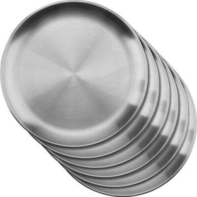 6 Pcs 26cm Stainless Steel Dinner Plates, Silver Round Serving Platters Metal Plates Dishes Rust Resistant Dinner Serving Dishes for Camping Picnics and Outdoor Use