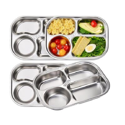 DEAYOU 4 Pack 18/10 Stainless Steel Divided Plate, Small Child Plate with 4-Compartment, Portion Control Serving Platter, Mess Food Sectioned Tray for Dinner, Lunch, Cafeteria, Kids, Adult