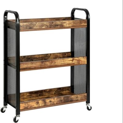 HYGRAD BUILT TO SURVIVE Wooden/Metal Industrial Look Rustic Narrow Rolling Kitchen Serving Cart Shelf Organiser Trolley With Wheels