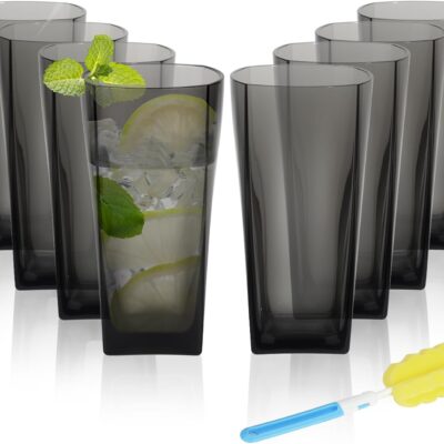 Ulable 20-Ounce Reusable Drinking Glasses, Clear Shatterproof Plastic Tumblers with Cleaning Brush, Shatterproof Acrylic Glasses Drinkware, BPA Free, Set of 6 (20 Oz, Gray)