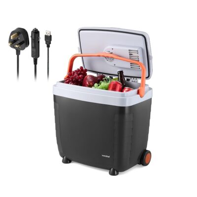 VonShef 28L Electric Cool Box, Large Insulated Cooler Box with Wheels, Hot & Cold Function, Three Power Options (3-Pin 240v Wall Plug, USB & 12v Car Plug), Removable Lid, Festival Camping Accessories