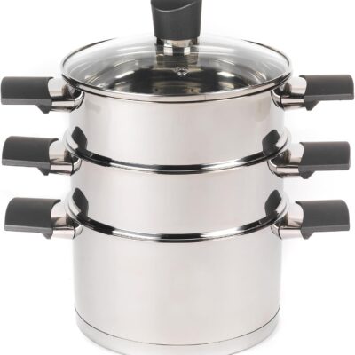 Russell Hobbs 3 Tier Steamer with Glass Lid, Vegetable Steamer, Stainless Steel Steamer Pan, Induction Friendly, Soft Touch Handles, Excellence Collection, 18 cm