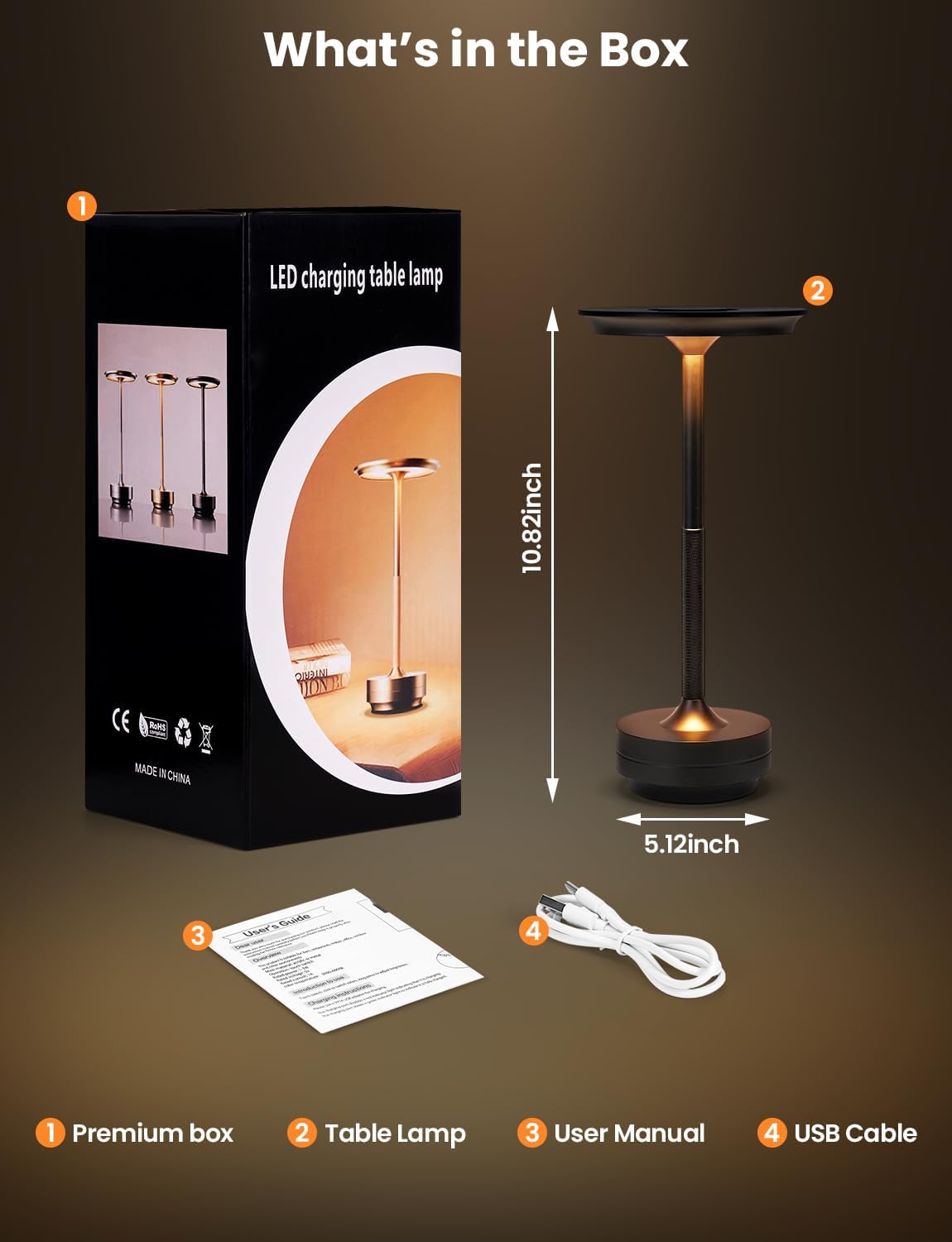 Portable Rechargeable Cordless Table Lamp – 4000mAh, Stepless Dimming, IP54 Waterproof